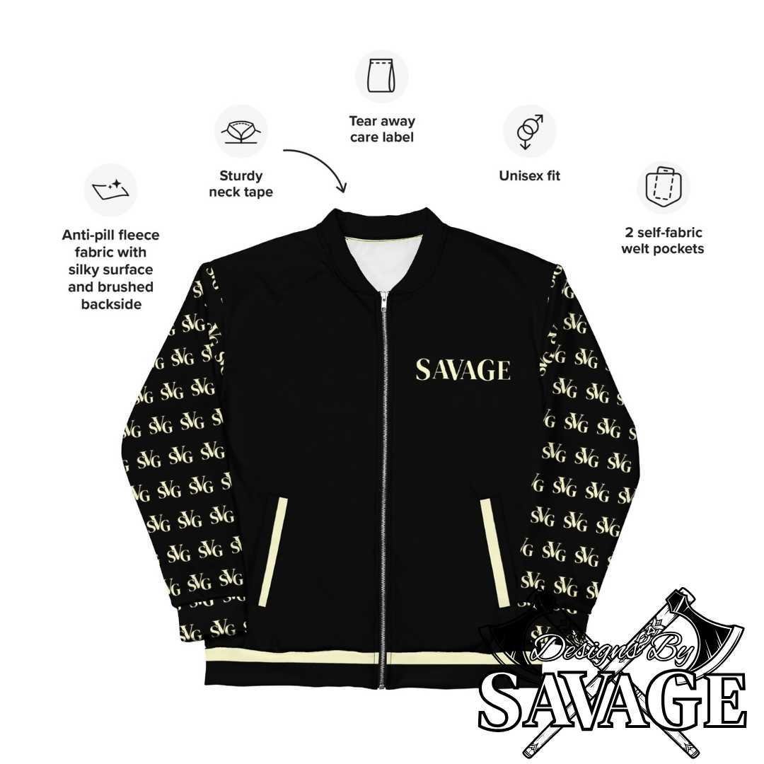 SVG Logo Men’s Bomber Jacket in Black and Cream - Complete Your Look | Designs By Savage Men's Collection - Rugged Individualism & Style | Designs By Savage