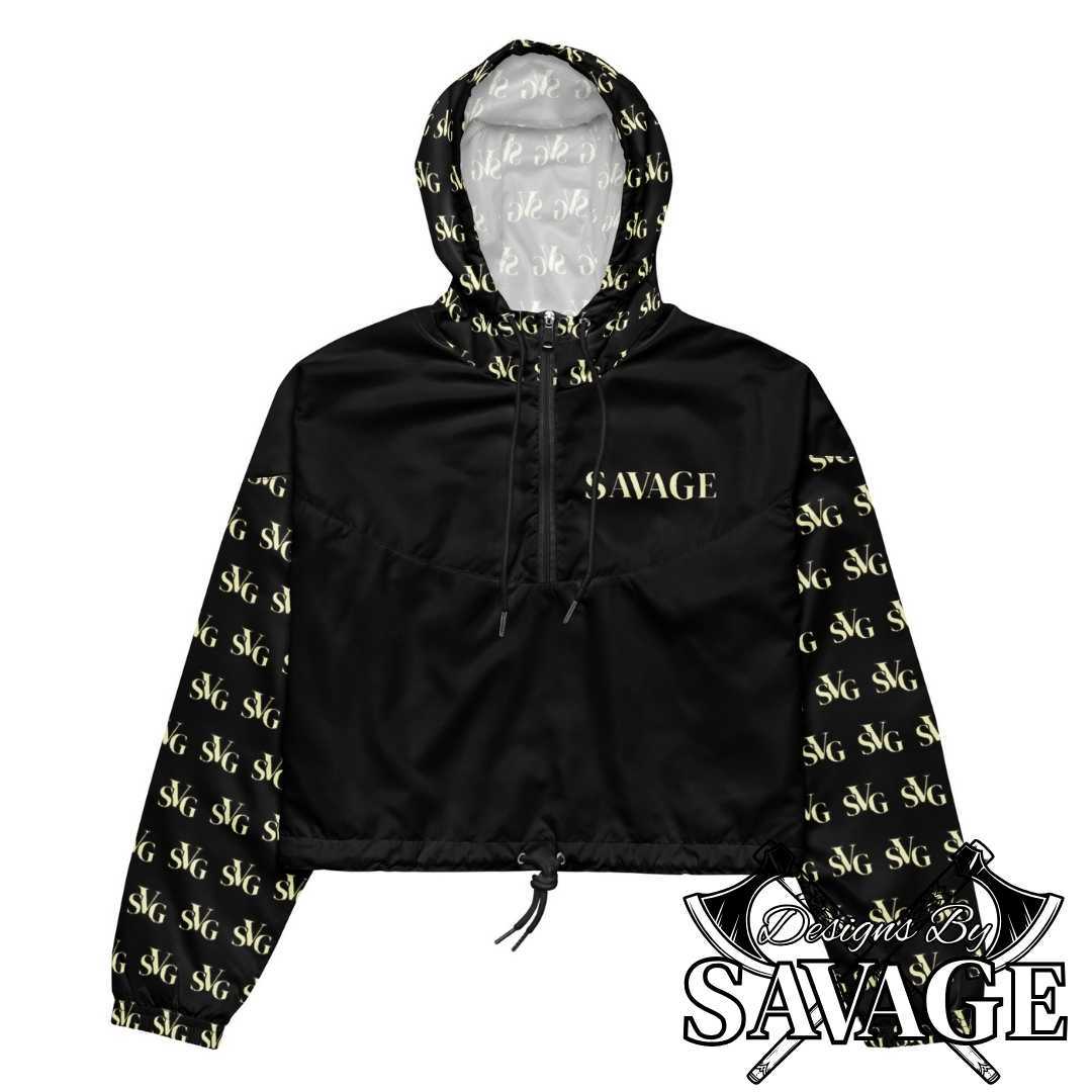 SVG Logo Women’s Cropped Hooded Windbreaker in Black and Cream - Chic Weather Protection | Designs By Savage SVG Black & Cream Elegance Collection | Designs By Savage