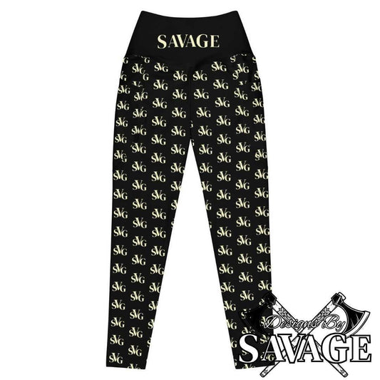 SVG Logo Women's Leggings with Pockets in Black and Cream | Designs By Savage SVG Black & Cream Elegance Collection | Designs By Savage