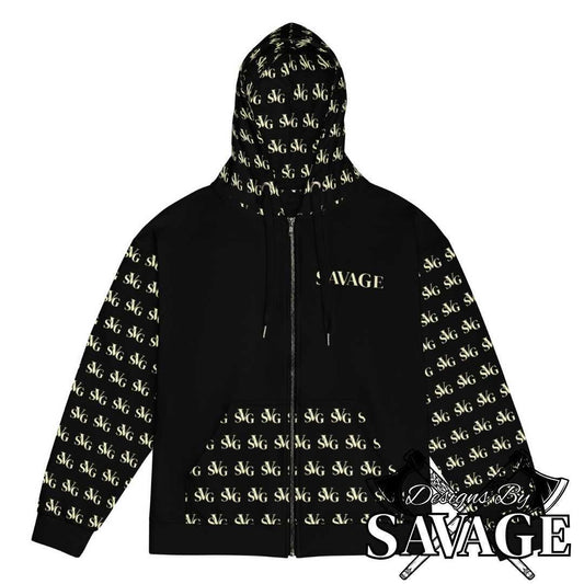 SVG Logo Zip-Up Hoodie in Black and Cream - Dynamic Comfort | Designs By Savage Men's Collection - Rugged Individualism & Style | Designs By Savage