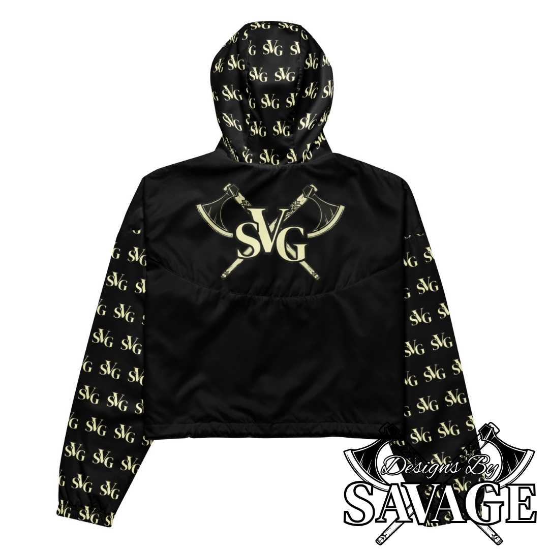 SVG Logo Women’s Cropped Hooded Windbreaker in Black and Cream - Chic Weather Protection | Designs By Savage