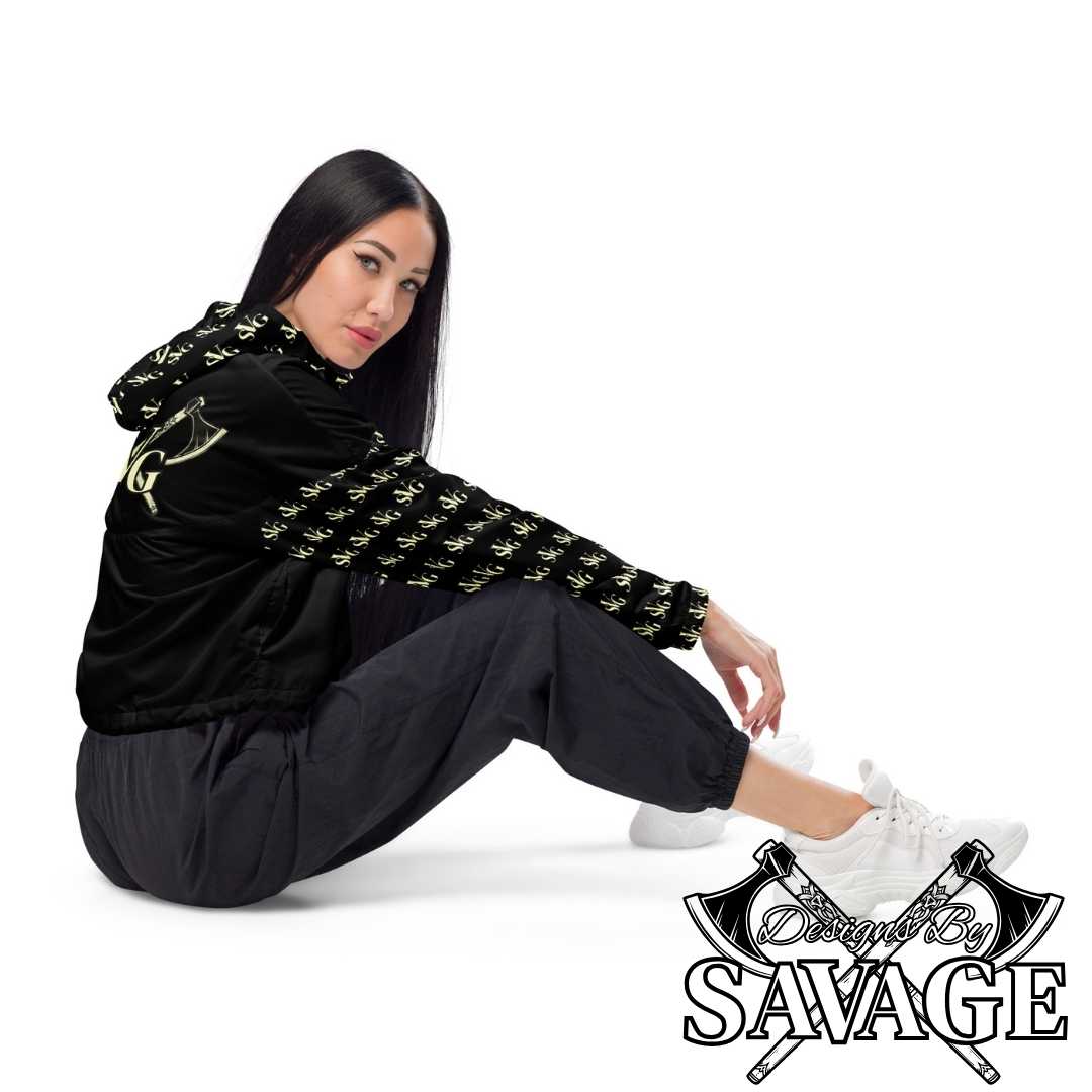 SVG Logo Women’s Cropped Hooded Windbreaker in Black and Cream - Chic Weather Protection | Designs By Savage