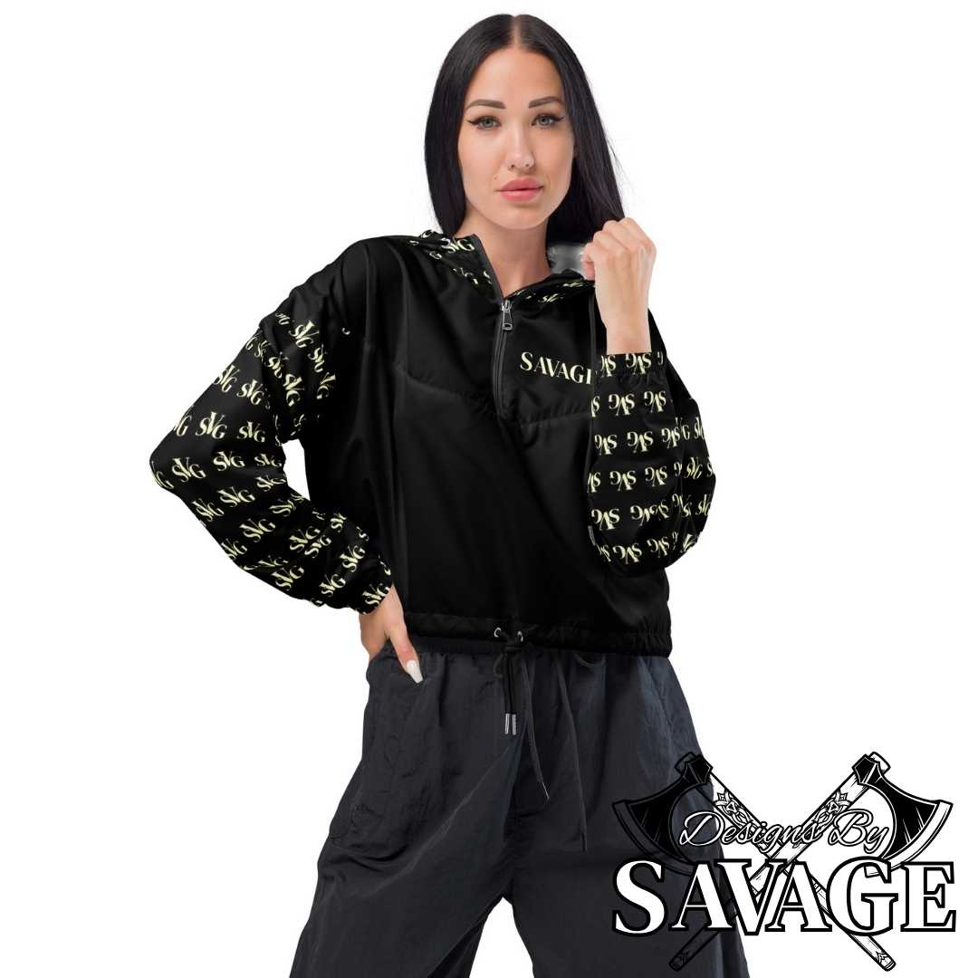 SVG Logo Women’s Cropped Hooded Windbreaker in Black and Cream - Chic Weather Protection | Designs By Savage