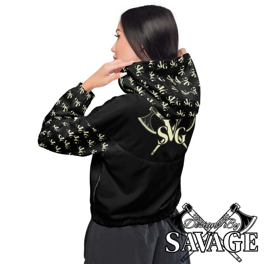 SVG Logo Women’s Cropped Hooded Windbreaker in Black and Cream - Chic Weather Protection | Designs By Savage