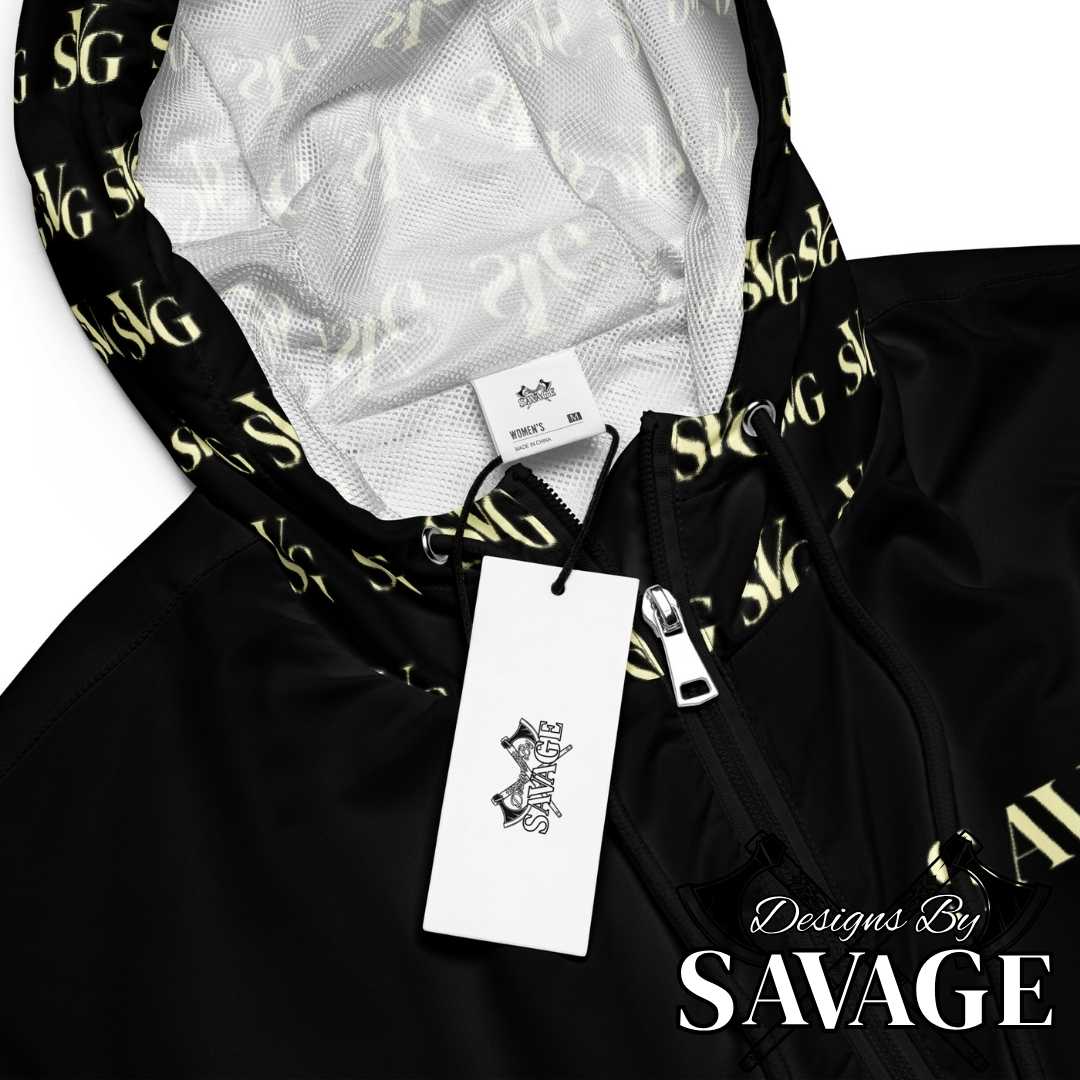 SVG Logo Women’s Cropped Hooded Windbreaker in Black and Cream - Chic Weather Protection | Designs By Savage