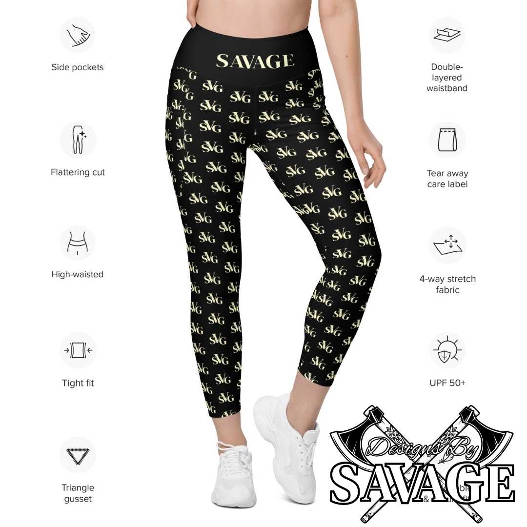 SVG Logo Women's Leggings with Pockets in Black and Cream | Designs By Savage