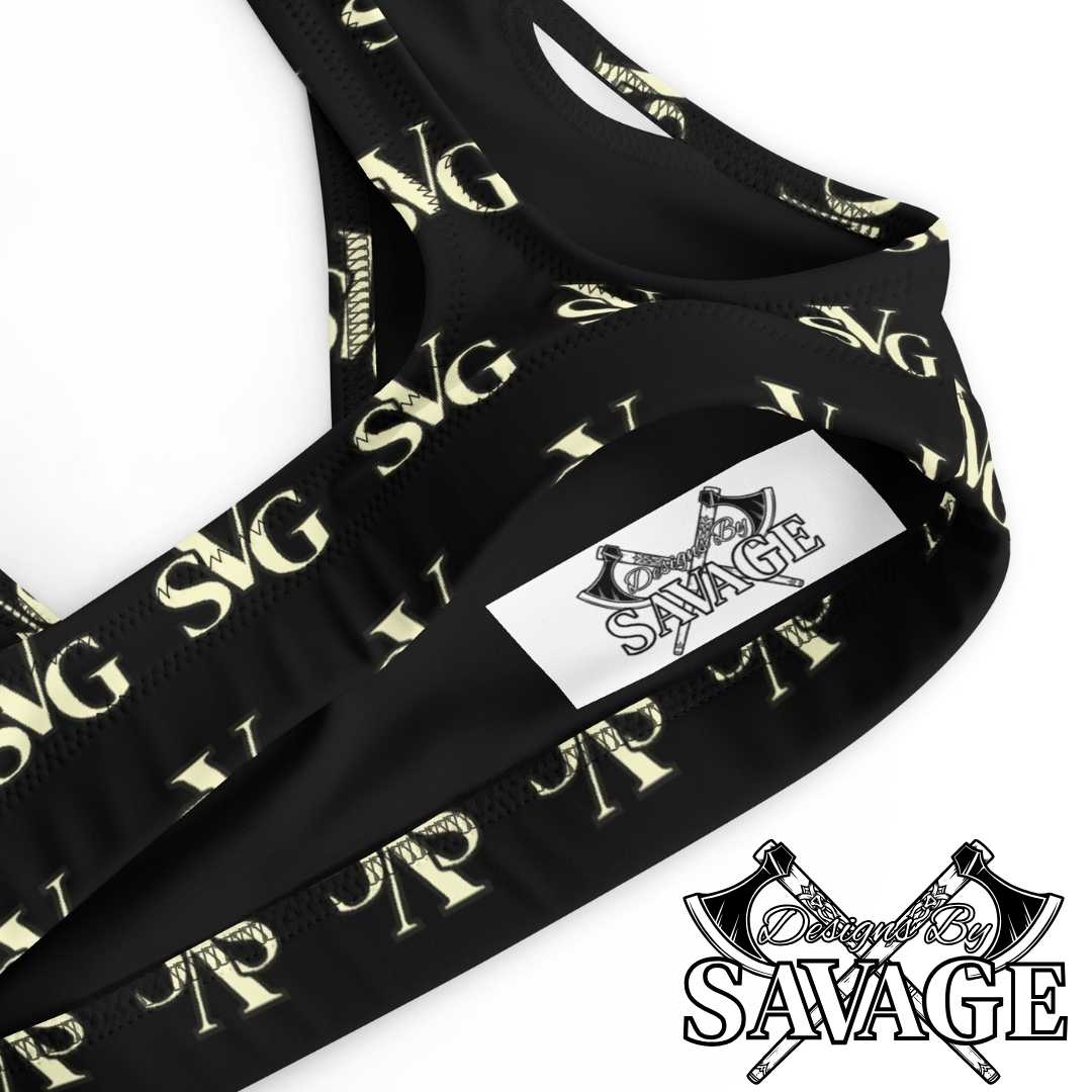 SVG Logo Recycled Padded Bikini Top in Black and Cream | Designs By Savage