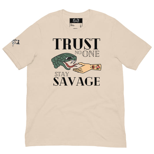 Trust No One Stay Savage T-Shirt for Divorced Dads - Black Font