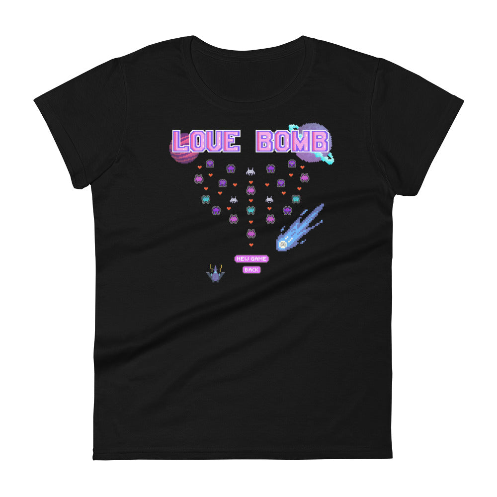 Love Bomb Arcade Women’s Fitted Tee – Stop the Game