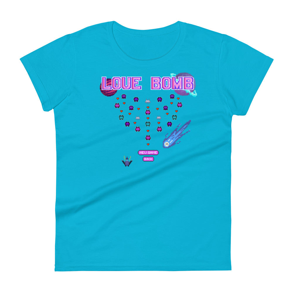 Love Bomb Arcade Women’s Fitted Tee – Stop the Game