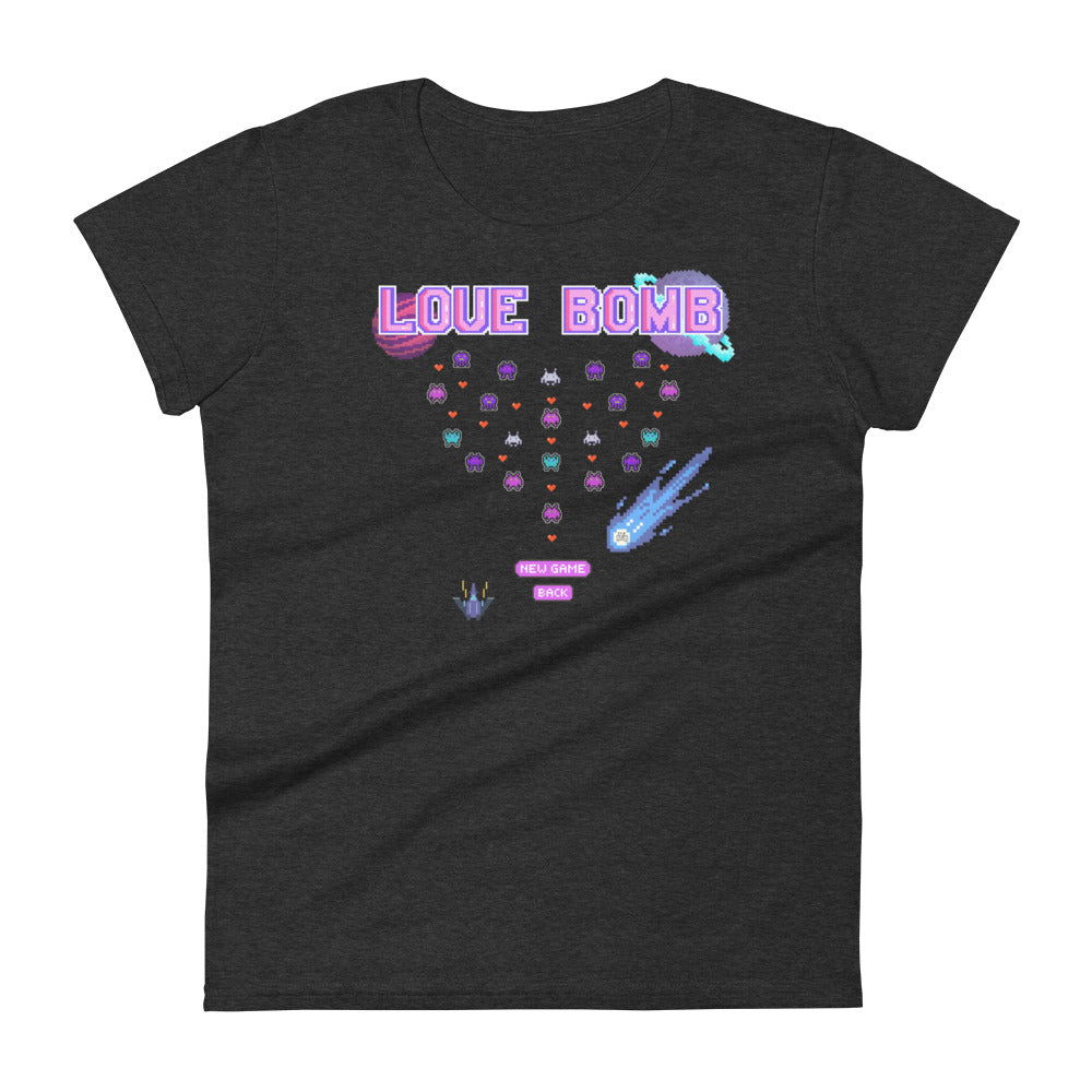 Love Bomb Arcade Women’s Fitted Tee – Stop the Game