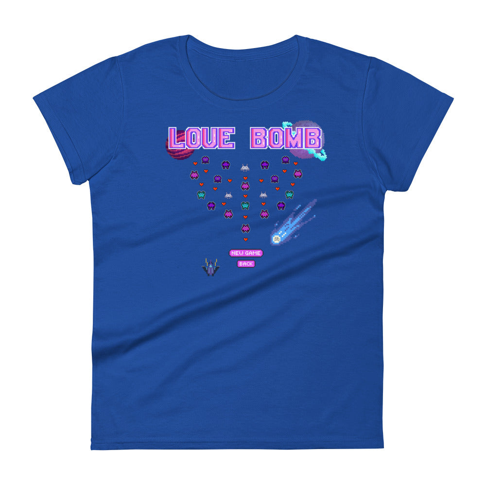 Love Bomb Arcade Women’s Fitted Tee – Stop the Game