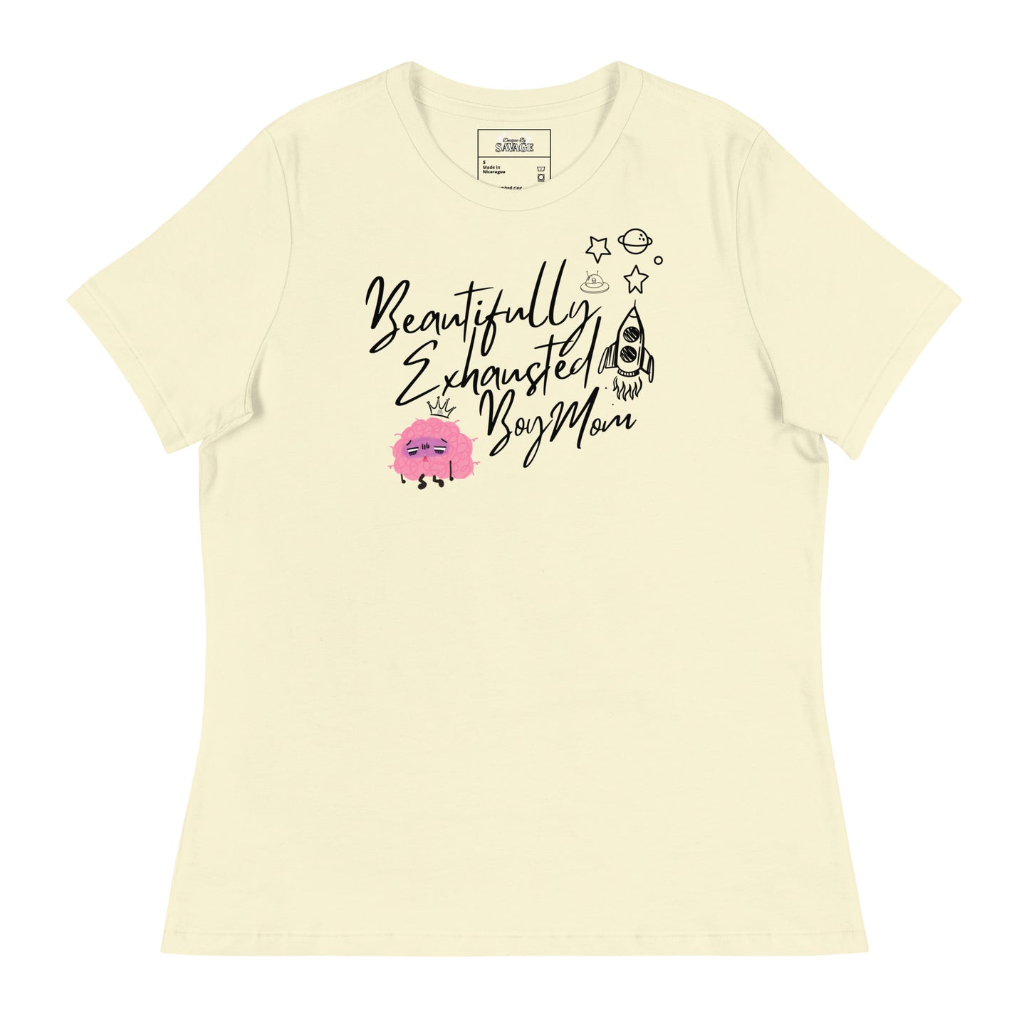 "Beautifully Exhausted Boy Mom" Women's Relaxed Tee in Black Font