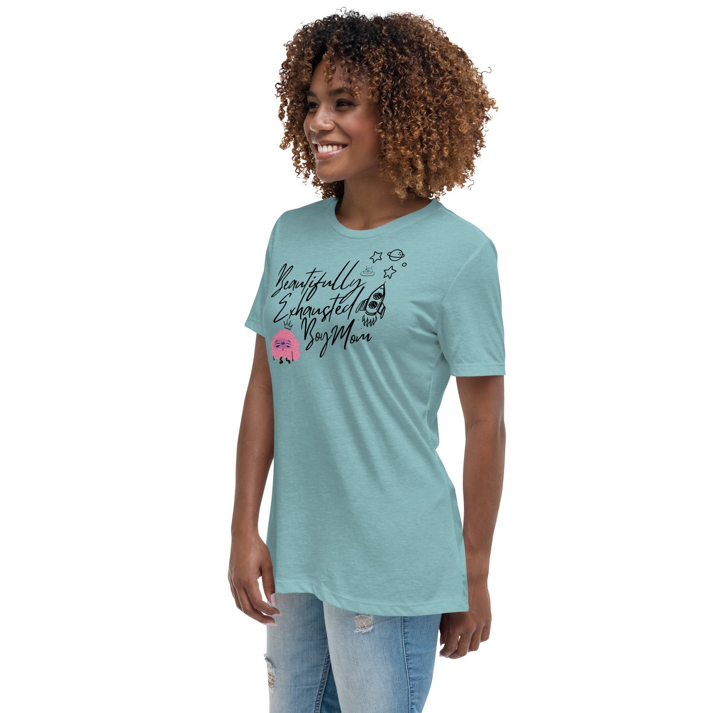 "Beautifully Exhausted Boy Mom" Women's Relaxed Tee in Black Font