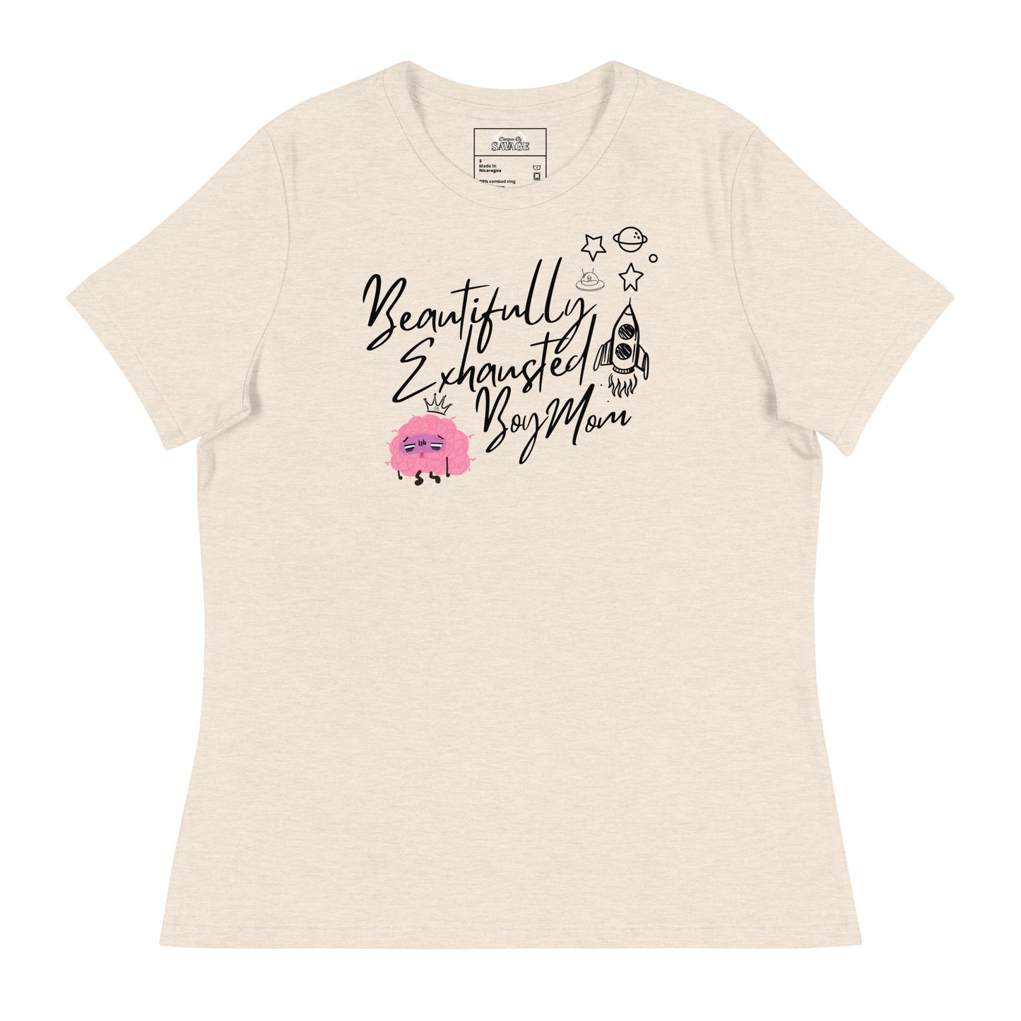 "Beautifully Exhausted Boy Mom" Women's Relaxed Tee in Black Font