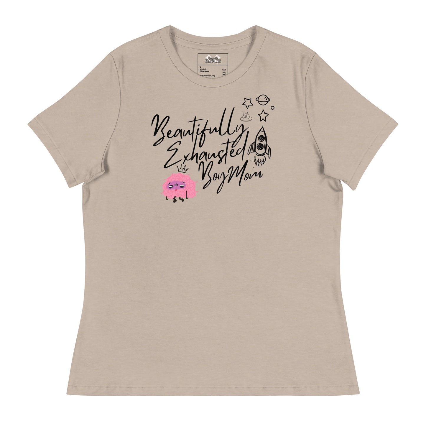 "Beautifully Exhausted Boy Mom" Women's Relaxed Tee in Black Font