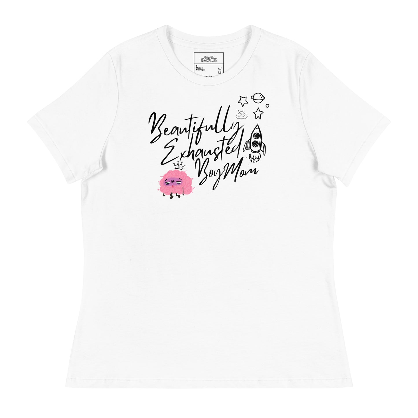 "Beautifully Exhausted Boy Mom" Women's Relaxed Tee in Black Font